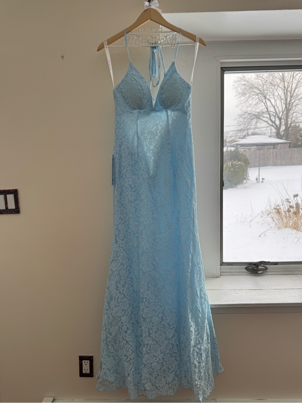 Azazie Light Blue Lace Slip Gown with V-Neck